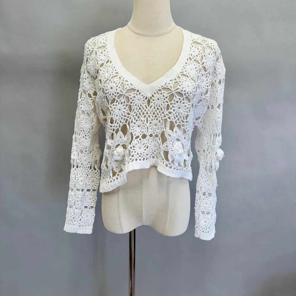 Vintage 90s‎ white open crochet knit long sleeve top size Small Hippie Boho